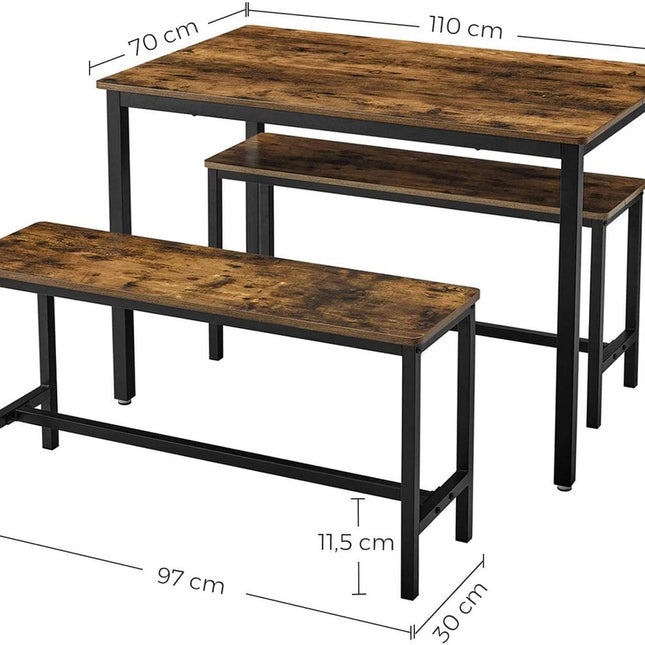 VASAGLE Dining Table Set with 2 Benches Rustic Brown and Black KDT070B01