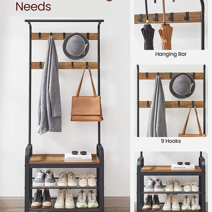 VASAGLE Coat Rack with Shoe Rack 183 cm Height Walnut Brown and Black