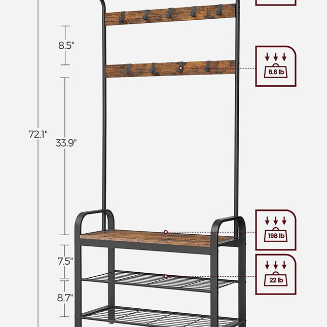 VASAGLE Coat Rack Hall Tree with Shoe Bench 3-in-1 Design Rustic Brown and Black