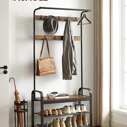 VASAGLE Coat Rack Hall Tree with Shoe Bench 3-in-1 Design Rustic Brown and Black
