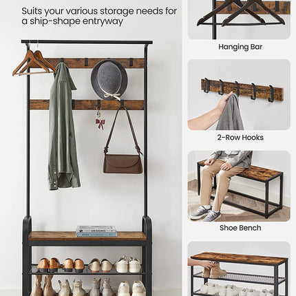 VASAGLE Coat Rack Hall Tree with Shoe Bench 3-in-1 Design Rustic Brown and Black