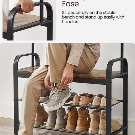VASAGLE Coat Rack Hall Tree with Shoe Bench 3-in-1 Design Rustic Brown and Black