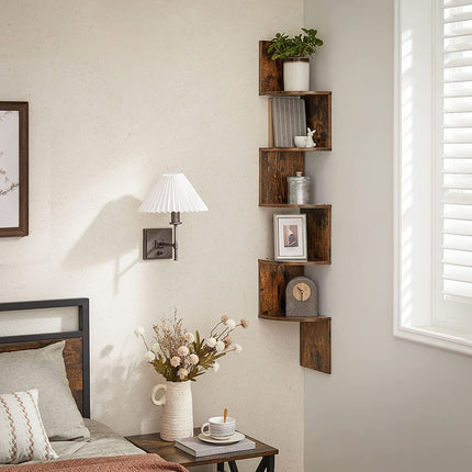 VASAGLE Corner Shelf 5-Tier Floating Wall Shelf With Zigzag Design Bookshelf Rustic Brown