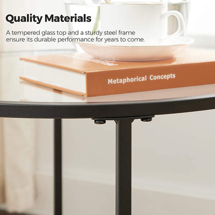 VASAGLE Round Side Glass Table with Metal Frame Modern Style Black