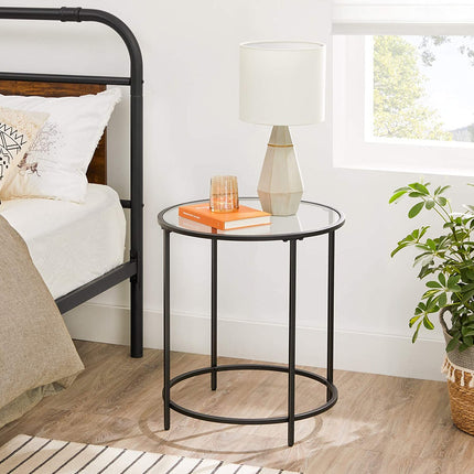 VASAGLE Round Side Glass Table with Metal Frame Modern Style Black