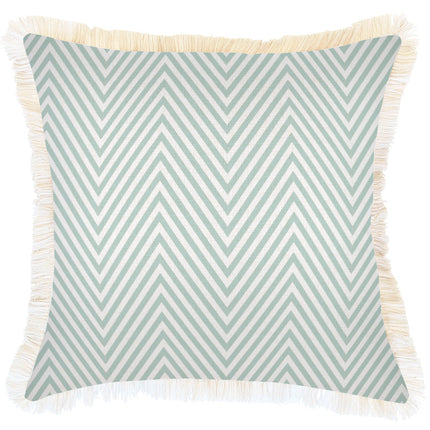 Cushion Cover-Coastal Fringe Natural-Zig Zag Pale Mint-45cm x 45cm