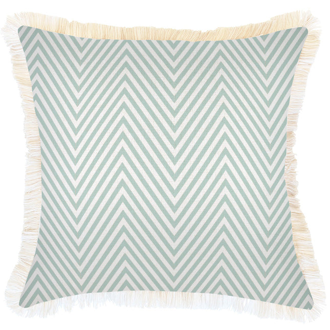 Cushion Cover-Coastal Fringe Natural-Zig Zag Pale Mint-45cm x 45cm