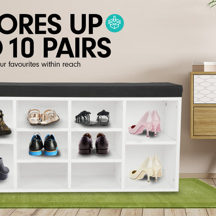 Sarantino New 10 Pairs Shoe Cabinet Rack Storage Organiser Shelf Stool Bench Wood - White