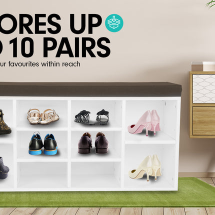 Sarantino Shoe Rack Cabinet Organiser Brown Cushion Bench Stool - 104 X 30 X 45 - White