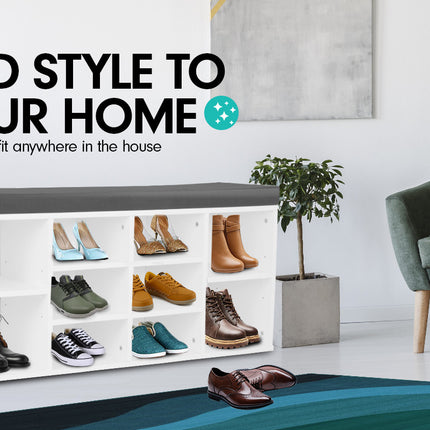 Sarantino Shoe Rack Cabinet Organiser Grey Cushion Sttol Bench Ottoman - 104 X 30 X 45 - White