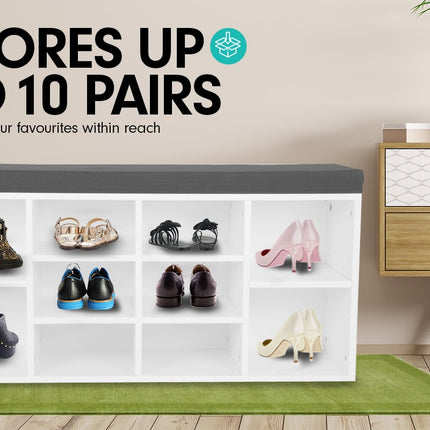 Sarantino Shoe Rack Cabinet Organiser Grey Cushion Sttol Bench Ottoman - 104 X 30 X 45 - White