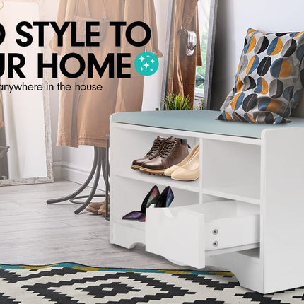 Sarantino Shoe Rack Cabinet Organiser Grey Cushion Stool Bench - 80 X 30 X 45 - White