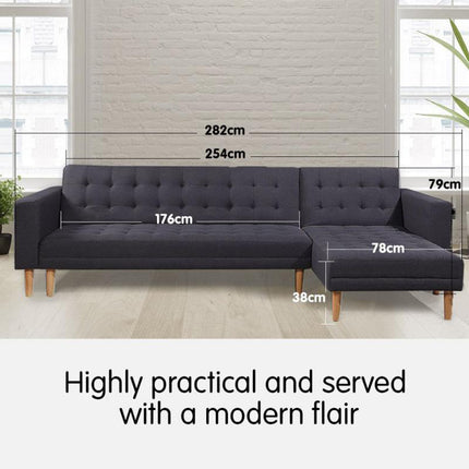 Sarantino Linen Fabric Corner Sofa Bed Couch Lounge With Chaise Furniture - Dark Grey