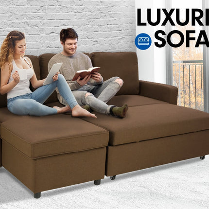 Sarantino Corner Sofa Linen Lounge Couch L-shaped Modular Furniture Chaise Brown