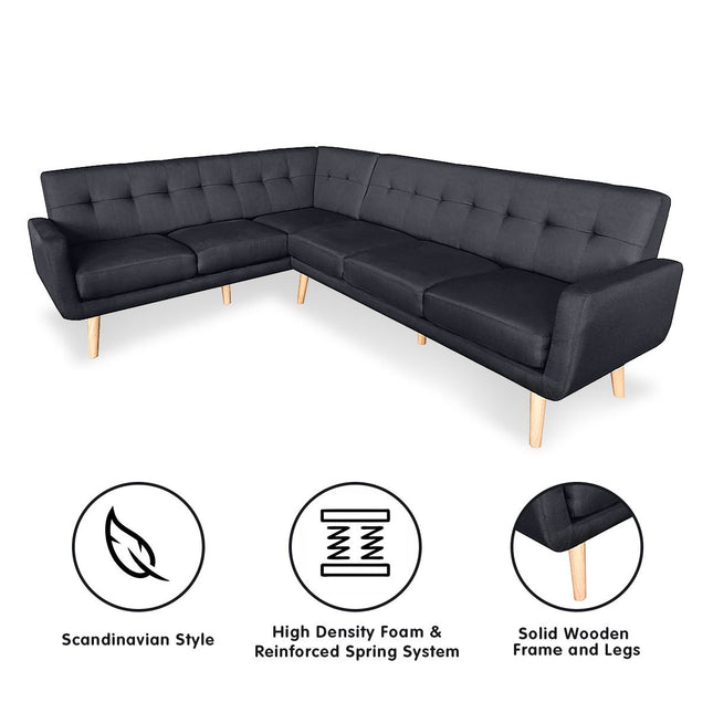 Sarantino Faux Linen Corner Wooden Sofa Futon Lounge L-shaped with Chaise - Black