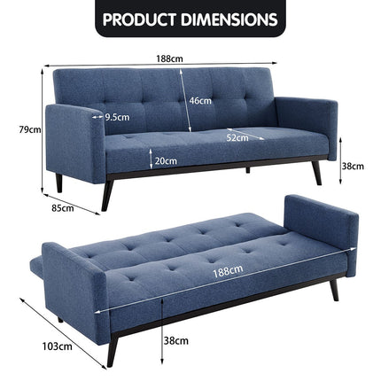 Sarantino Tufted Faux Linen 3-Seater Sofa Bed with Armrests - Blue