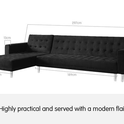 Sarantino Faux Velveteen Corner Wooden Sofa Bed Couch with Chaise Black