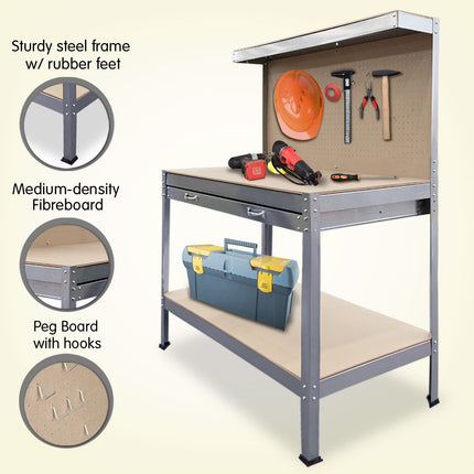 Kartrite 2-layered Work Bench Garage Storage Table Tool Shop Shelf Silver