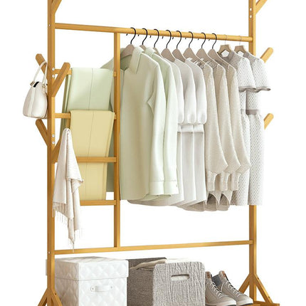 Portable Coat Stand Rack Rail Clothes Hat Garment Hanger Hook with Shelf Bamboo 9 Hook with Rack Rail Natural Finished