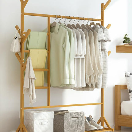 Portable Coat Stand Rack Rail Clothes Hat Garment Hanger Hook with Shelf Bamboo 9 Hook with Rack Rail  Dark Brown Finished