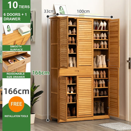 10 Tier Bamboo Large Capacity Storage Shelf Shoe Rack Cabinet 4 Doors 1 Drawer