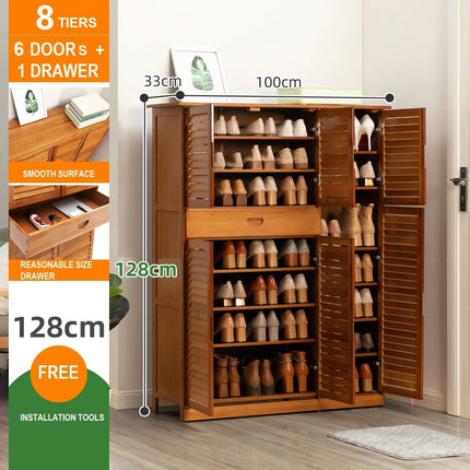 8 Tier Bamboo Large Capacity Storage Shelf Shoe Rack Cabinet 6 Doors 1 Drawer