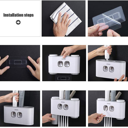 Ecoco Wall-Mounted Toothbrush Holder with 2 Toothpaste Dispensers 4 Cups and 5 Toothbrush Slots Toiletries Bathroom Storage Rack (Grey)