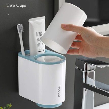 Ecoco Toothbrush Holder Multifunctional Wall-Mounted Magnetic Bathroom Blue Organizer Wall- Storage 2 Cups for Two People (Blue)