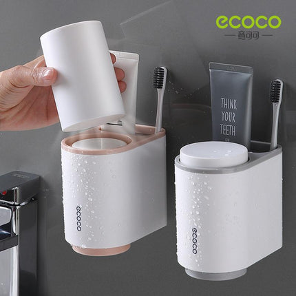 Ecoco Toothbrush Holder Multifunctional Wall-Mounted Magnetic Bathroom Pink Organizer Wall- Storage 2 Cups for Two People (Pink)