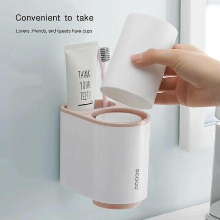 Ecoco Toothbrush Holder Multifunctional Wall-Mounted Magnetic Bathroom Pink Organizer Wall- Storage 2 Cups for Two People (Pink)