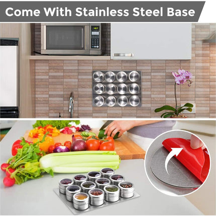 12 pcs Magnetic Spice Jars Containers Spice Tins Wall Mounted Stainless Steel Base New