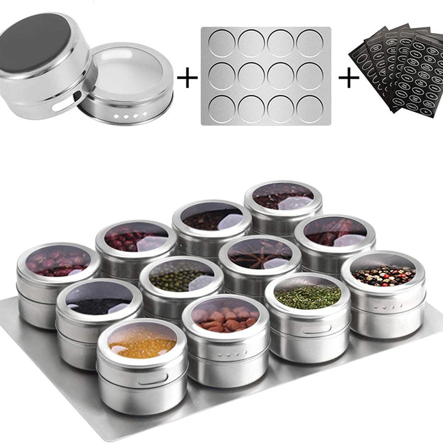 Magnetic Spice Jars Containers Spice Tins Wall Mounted Stainless Steel Base New 12PCS
