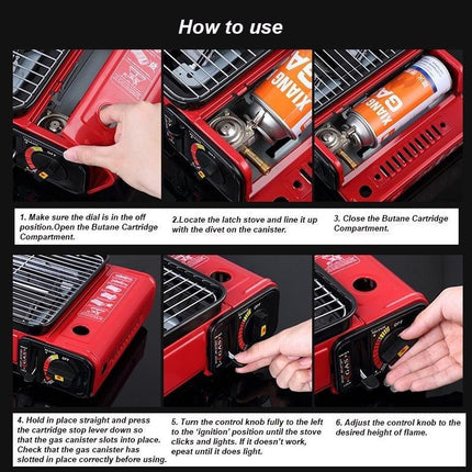 Portable Gas Stove Burner Butane BBQ Camping Gas Cooker With Non Stick Plate Black with Fish Pan and Lid