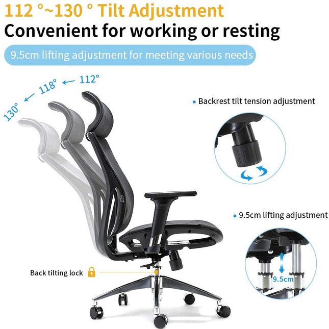 Ergonomic office chair Breathable High-Back Mesh Adjustable Lumbar Support 3D Armrests Tilt Function 360° Rotating Wheels
