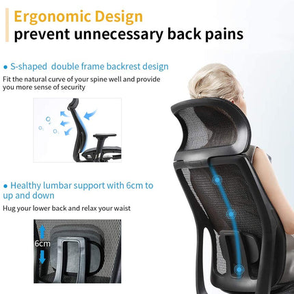 Ergonomic office chair Breathable High-Back Mesh Adjustable Lumbar Support 3D Armrests Tilt Function 360° Rotating Wheels