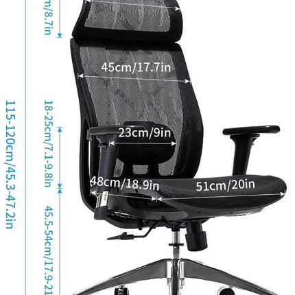 Ergonomic office chair Breathable High-Back Mesh Adjustable Lumbar Support 3D Armrests Tilt Function 360° Rotating Wheels