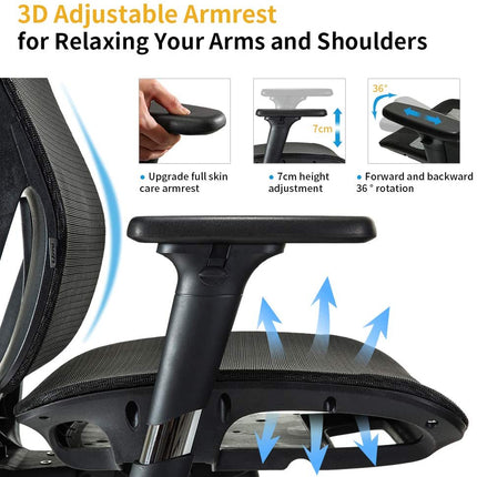 Ergonomic office chair Breathable High-Back Mesh Adjustable Lumbar Support 3D Armrests Tilt Function 360° Rotating Wheels