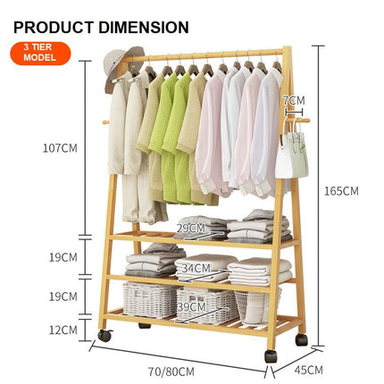 Rail Bamboo Clothes Rack Garment Hanging Stand 3 Tier Storage Shelves Closet 80cm Panel