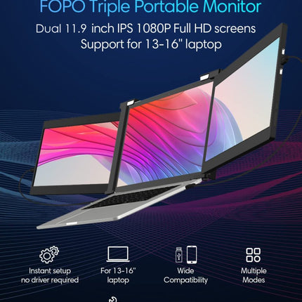 11.9 Inch Triple Portable Monitor 2022 FOPO 1080P FHD IPS Attachable Triple Monitor Extender, Triple Screen for Laptop of 13"-16" Compatible with Windows/Mac/Switch/Xbox Connect with USB-C/HDMI