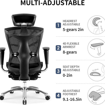 Sihoo Ergonomic Office Chair V1 4D Adjustable High-Back Breathable With Footrest And Lumbar Support Black