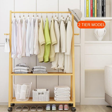 Rail Bamboo Clothes Rack Garment Hanging Stand 2 Tier Storage Shelves Closet 70cm