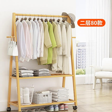 Rail Bamboo Clothes Rack Garment Hanging Stand 2 Tier Storage Shelves Closet 80cm