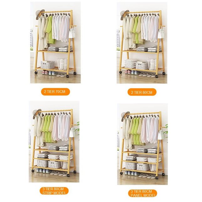 Rail Bamboo Clothes Rack Garment Hanging Stand 2 Tier Storage Shelves Closet 80cm