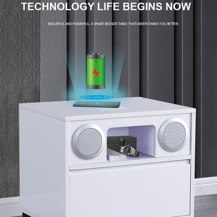 Smart Bedside Tables Side Drawers Wireless Charging Nightstand Bluetooth Speaker LED Light