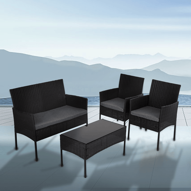 4 Seater Wicker Outdoor Lounge Set &#8211; Black