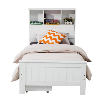 Single Size Solid Pine Timber Bed Frame with Bookshelf Headboard- White