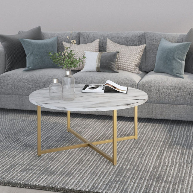 White Marble Effect Round Coffee Table with Gold Legs