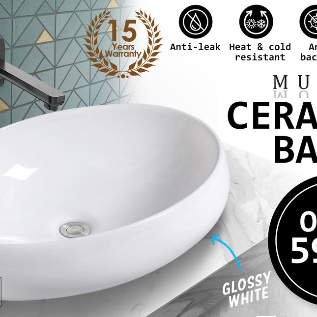 Muriel 59 x 40 x 14.5cm White Ceramic Bathroom Basin Vanity Sink Oval Above Counter Top Mount Bowl