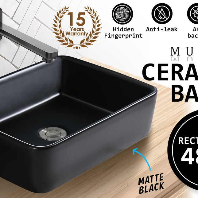 Muriel 48 x 37.5 x 13cm Black Ceramic Bathroom Basin Vanity Sink Above Counter Top Mount Bowl