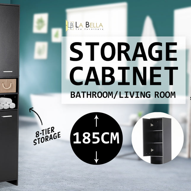 La Bella 185cm Black Bathroom Storage Cabinet Tall Slim